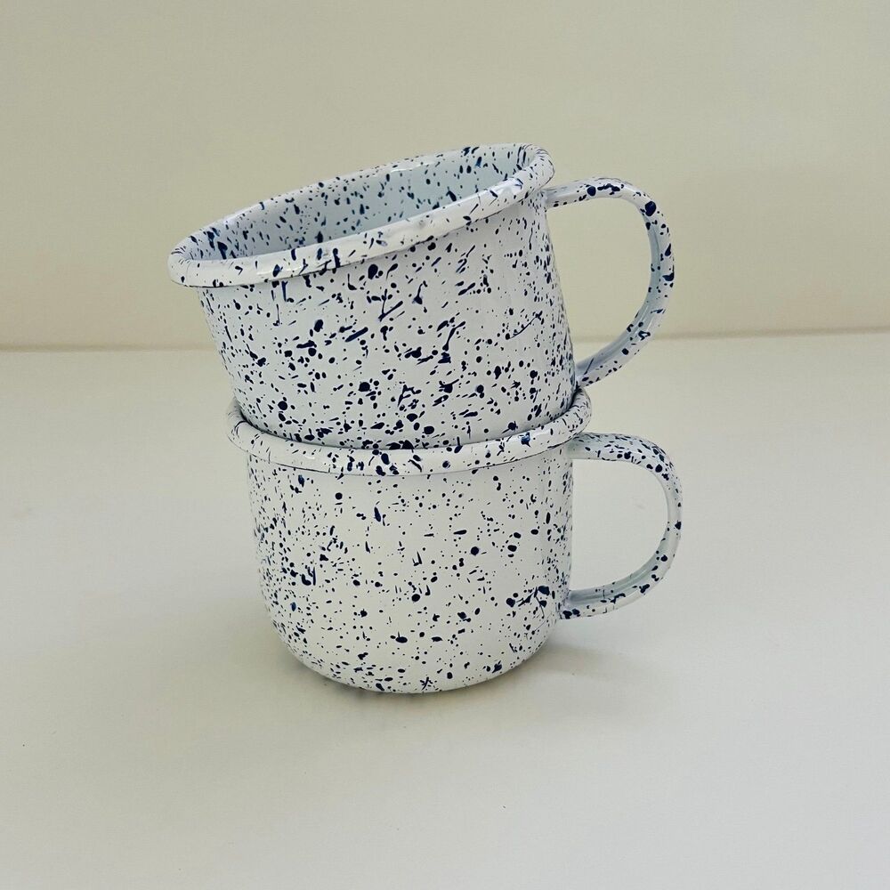 ARTESANO White Blue Enamel Speckles Mug Cups, Set of 2